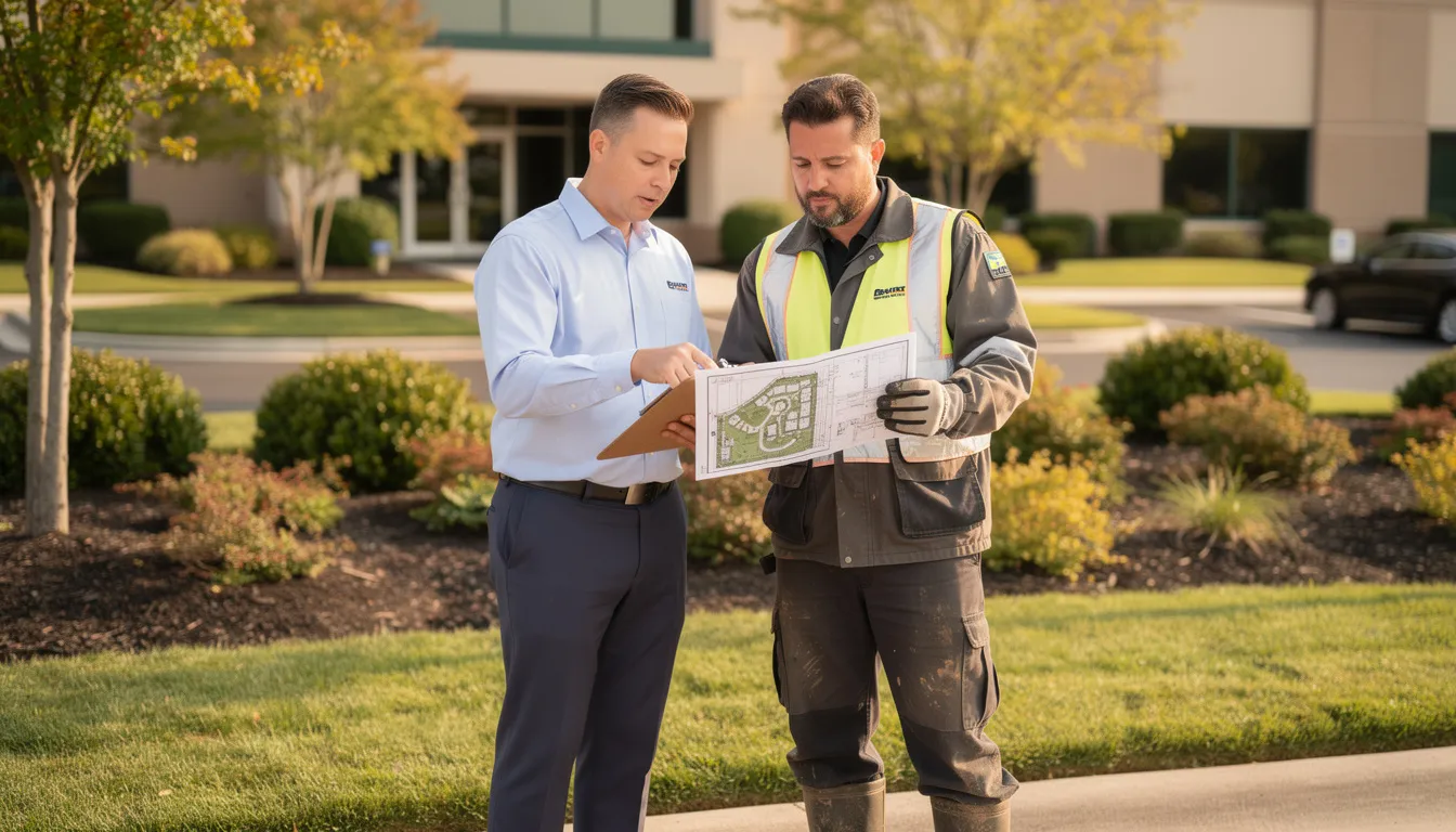 A property manager and a landscape contractor are collaborating on-site, reviewing lawn maintenance plan documents to ensure the health of the grass and flower beds. They are discussing strategies for maintaining a beautiful lawn, addressing issues like bare spots and pest control.