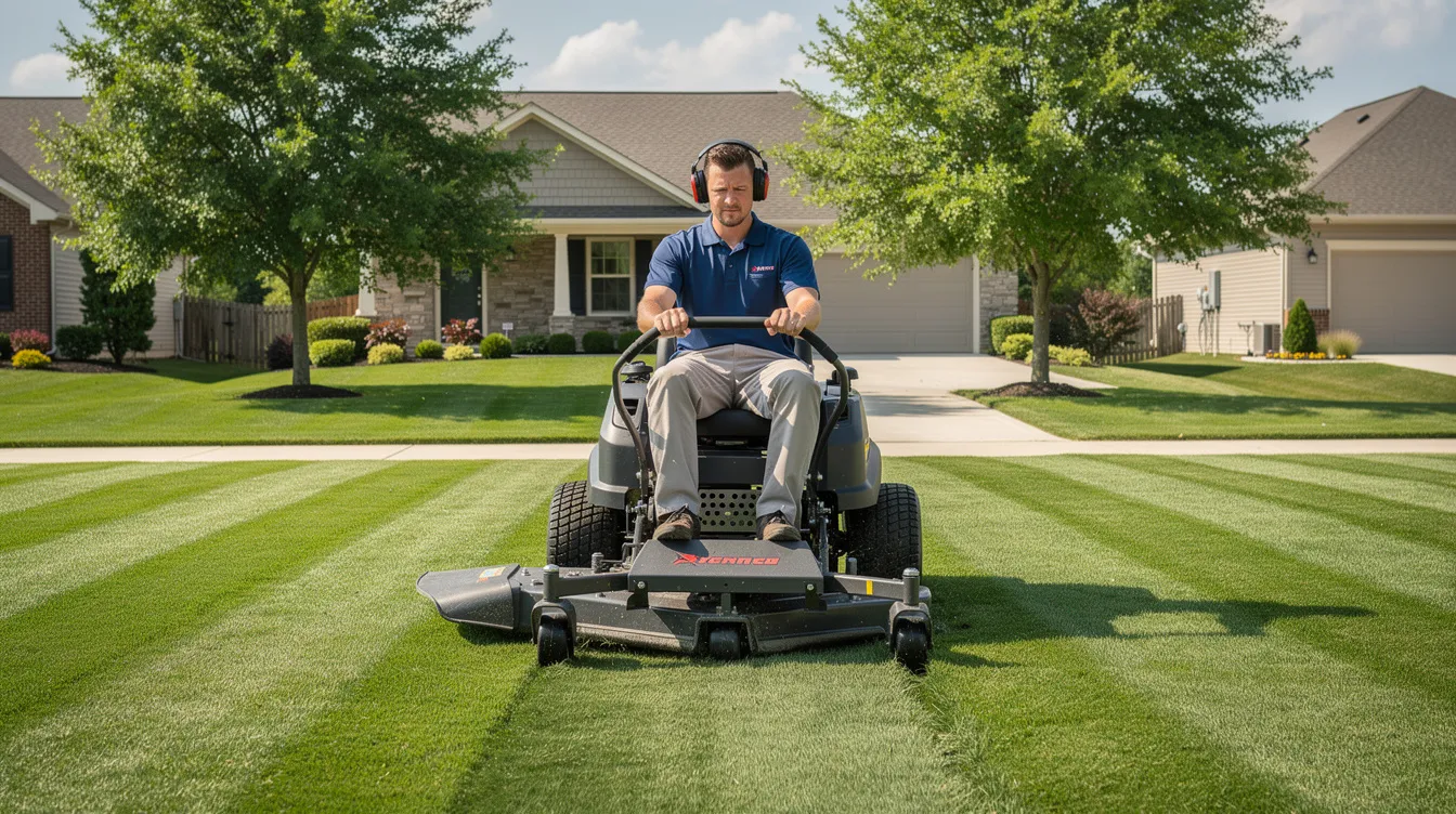 A professional lawn mower is creating clean stripes on a vibrant green suburban lawn, surrounded by trees, showcasing the precision of lawn care services. This image highlights the importance of consistent mowing for maintaining a healthy and attractive outdoor space.