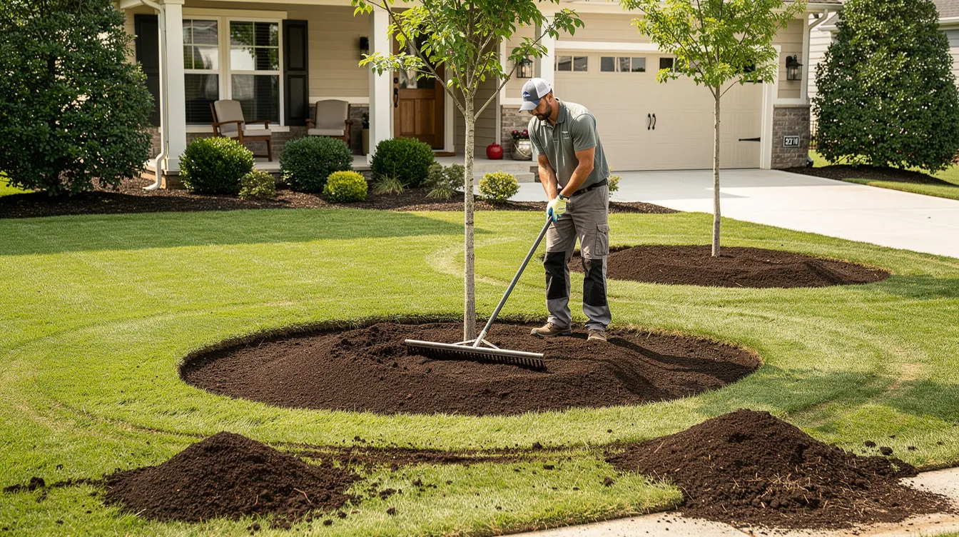 A professional landscaper is seen spreading fresh mulch around tree trunks in a residential front yard, enhancing curb appeal and helping to retain moisture for the plant roots. This new layer of quality mulch will suppress weed growth and provide added nutrients to the soil, contributing to a healthier outdoor space.