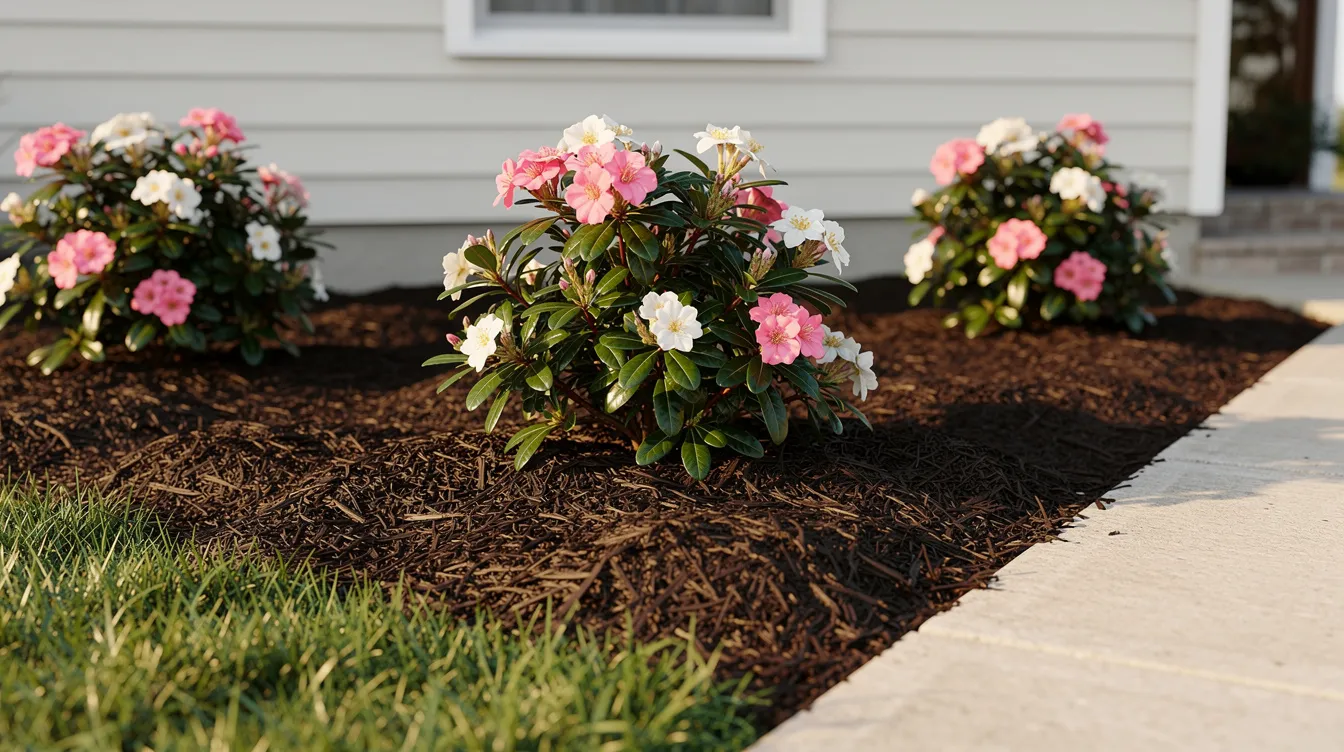 Three flowering bushes with pink and white blooms planted in dark mulch in front of a white house.