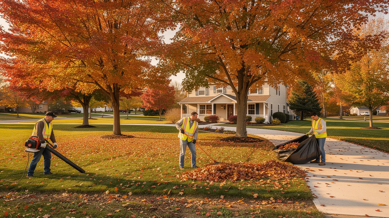 A crew of lawn care professionals is actively removing colorful autumn leaves from a residential yard surrounded by mature trees, ensuring a clean and well-maintained outdoor space. The workers are focused on yard cleanup, contributing to the overall curb appeal of the property.