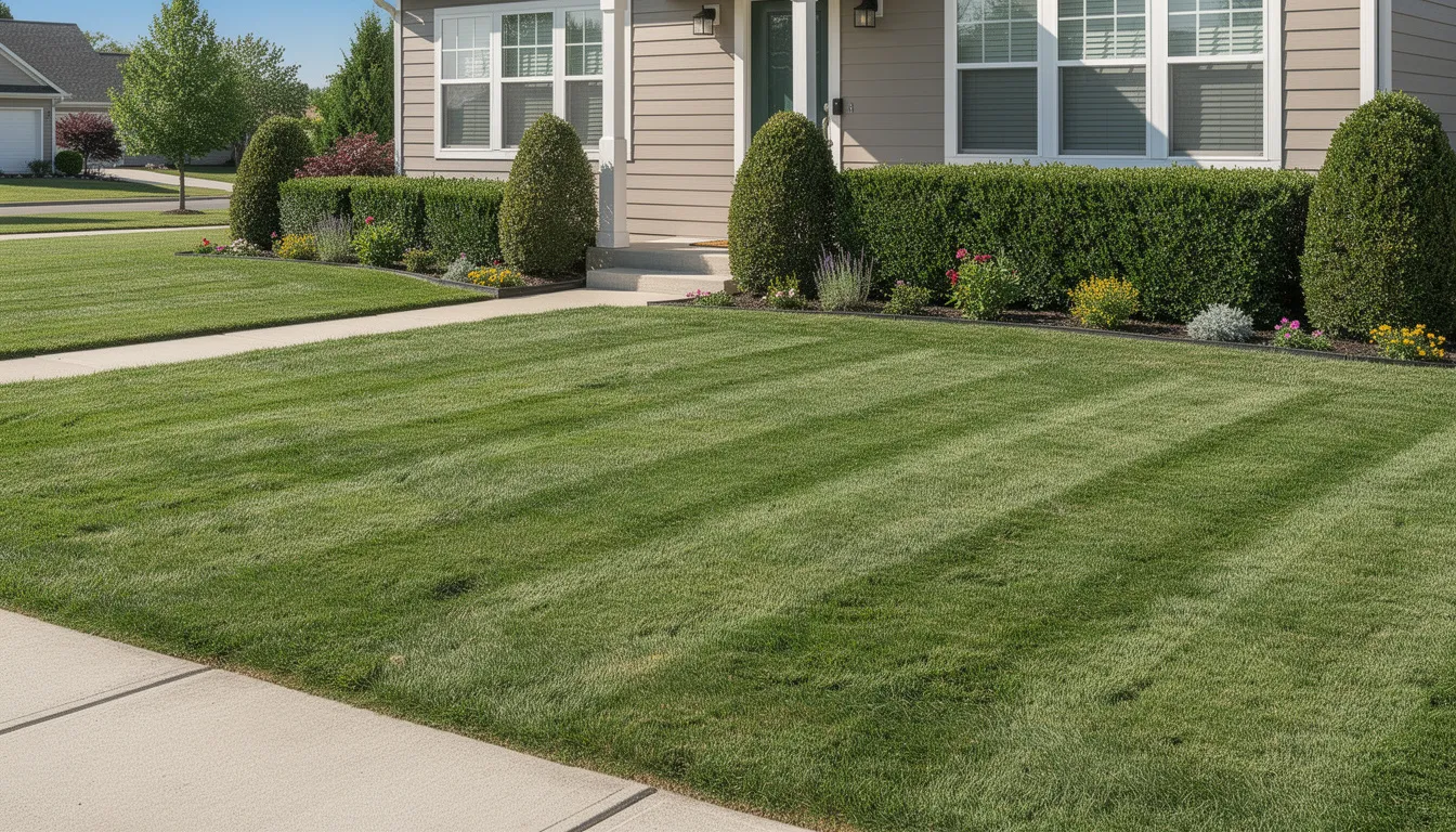The image depicts a well-maintained residential front yard featuring a lush, green lawn and neatly trimmed hedges, showcasing effective landscape maintenance practices. This inviting outdoor space highlights the importance of ongoing lawn care and professional turf care for homeowners looking to enhance their property's curb appeal.