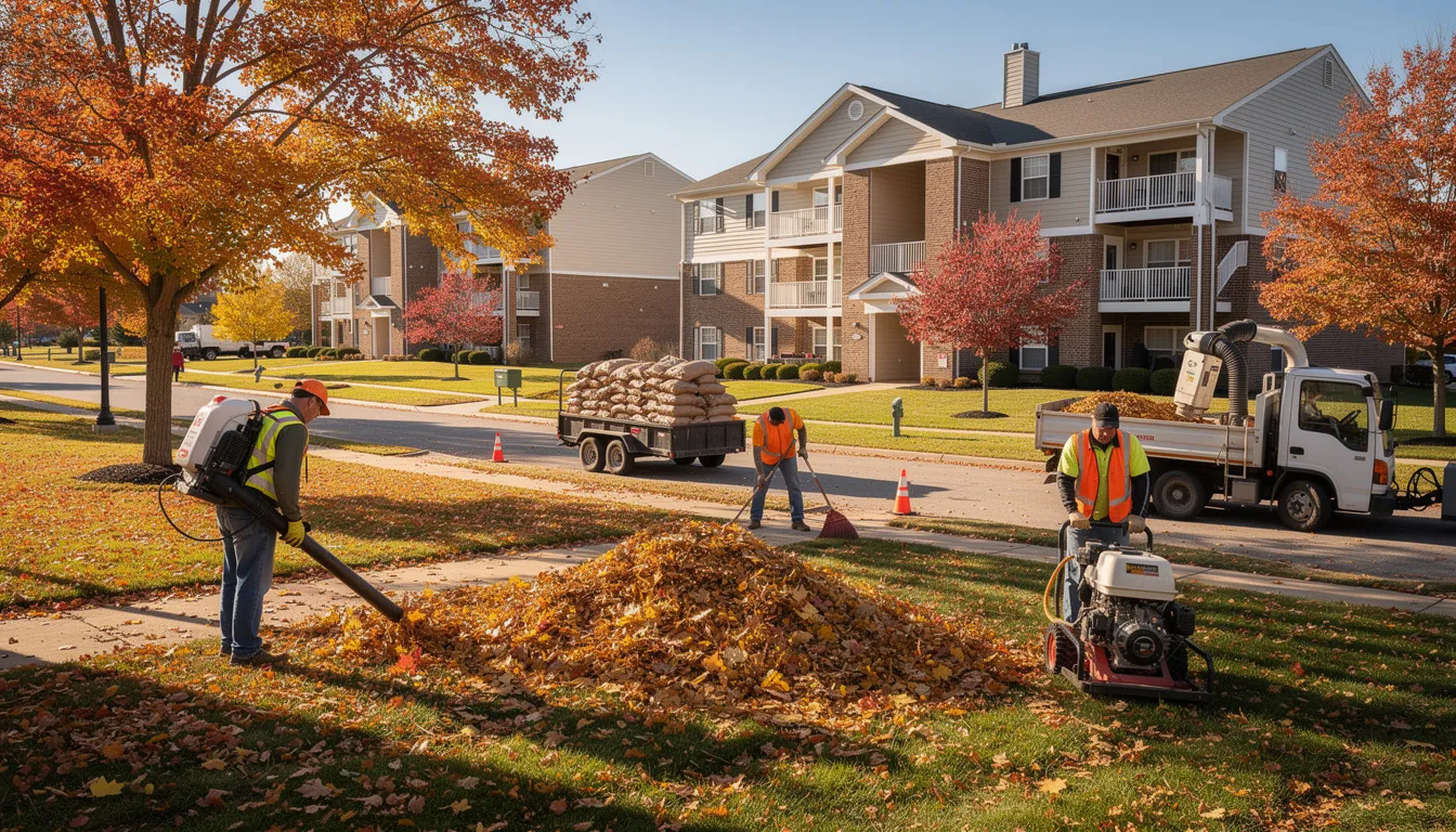 The image depicts a fall leaf cleanup in progress at a multi-building apartment community, showcasing workers actively tending to the yard maintenance with various equipment. The scene highlights the importance of lawn care services during the autumn season as they remove debris to maintain a beautiful lawn for residents.