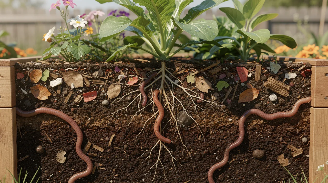 The image depicts healthy garden soil in a backyard garden, showcasing rich organic matter, vibrant plant roots, and active worms, indicating a thriving ecosystem. The soil is well-structured and nutrient-rich, ideal for growing vegetables and supporting diverse soil organisms.