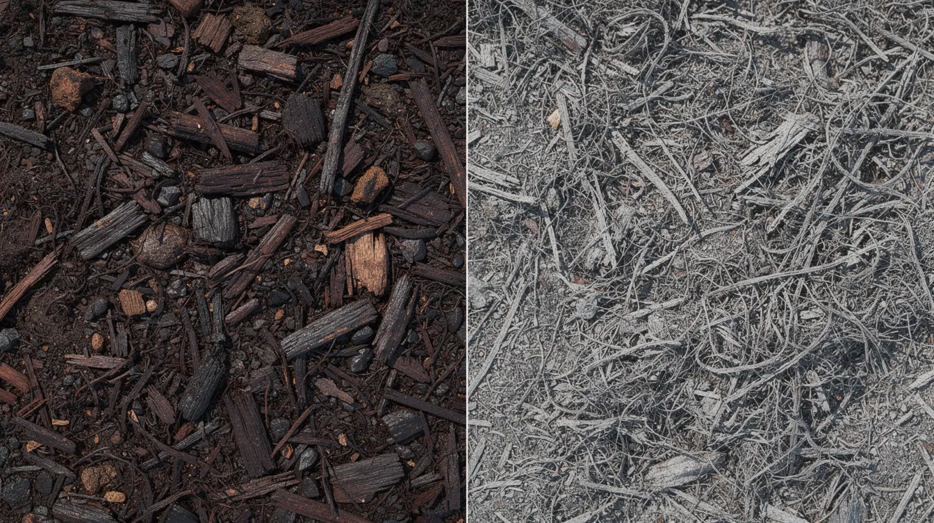 The image shows a side-by-side comparison of fresh dark mulch, which appears vibrant and rich, next to faded gray decomposed mulch that has lost its color and structure. This contrast highlights the importance of replacing mulch regularly to retain moisture, suppress weeds, and maintain the aesthetic appeal of garden beds.