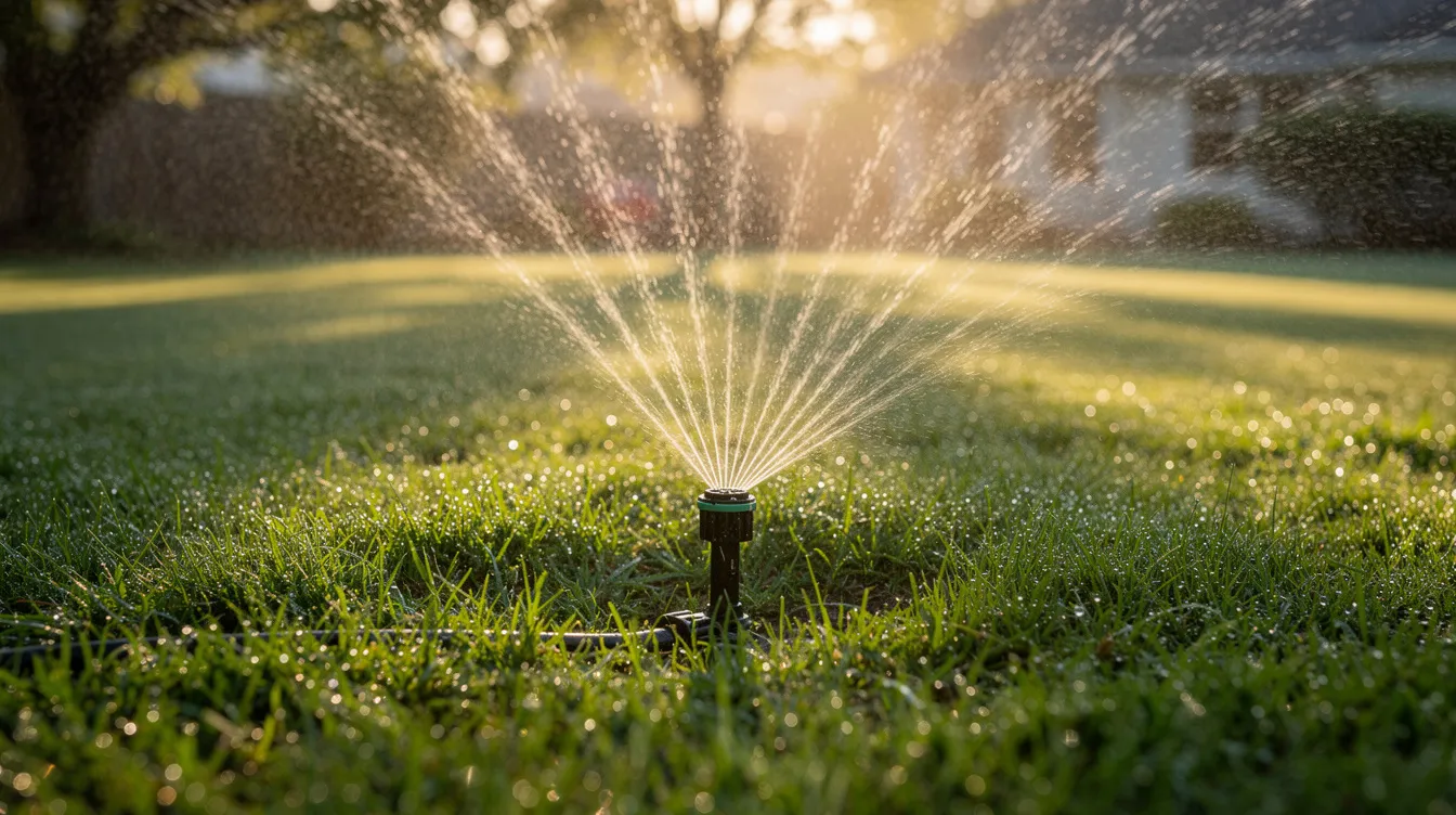 A sprinkler gently waters a vibrant green lawn under the soft glow of early morning sunlight, showcasing a well-maintained outdoor space that highlights the importance of lawn care and maintenance services. The scene evokes a sense of freshness and vitality, ideal for promoting healthy grass growth.