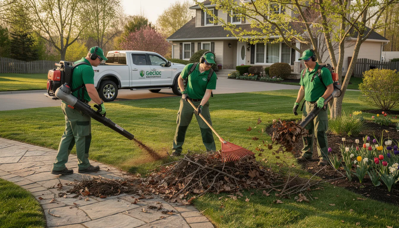 A landscape crew is actively engaged in spring cleanup, using rakes and blowers to clear grass clippings and debris from a residential property. This professional turf care process enhances outdoor spaces, ensuring a healthy lawn and preparing for the ongoing maintenance needed for vibrant landscaping.