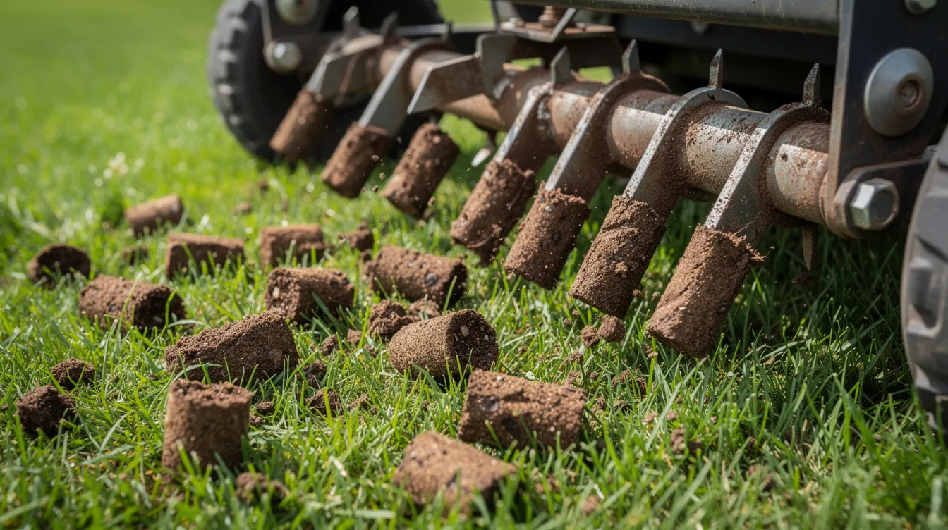 A close-up view of a core aerator machine is shown, pulling small cylindrical soil plugs from a vibrant green lawn. This process helps alleviate soil compaction, allowing air, water, and nutrients to reach the grass roots for a healthier lawn.