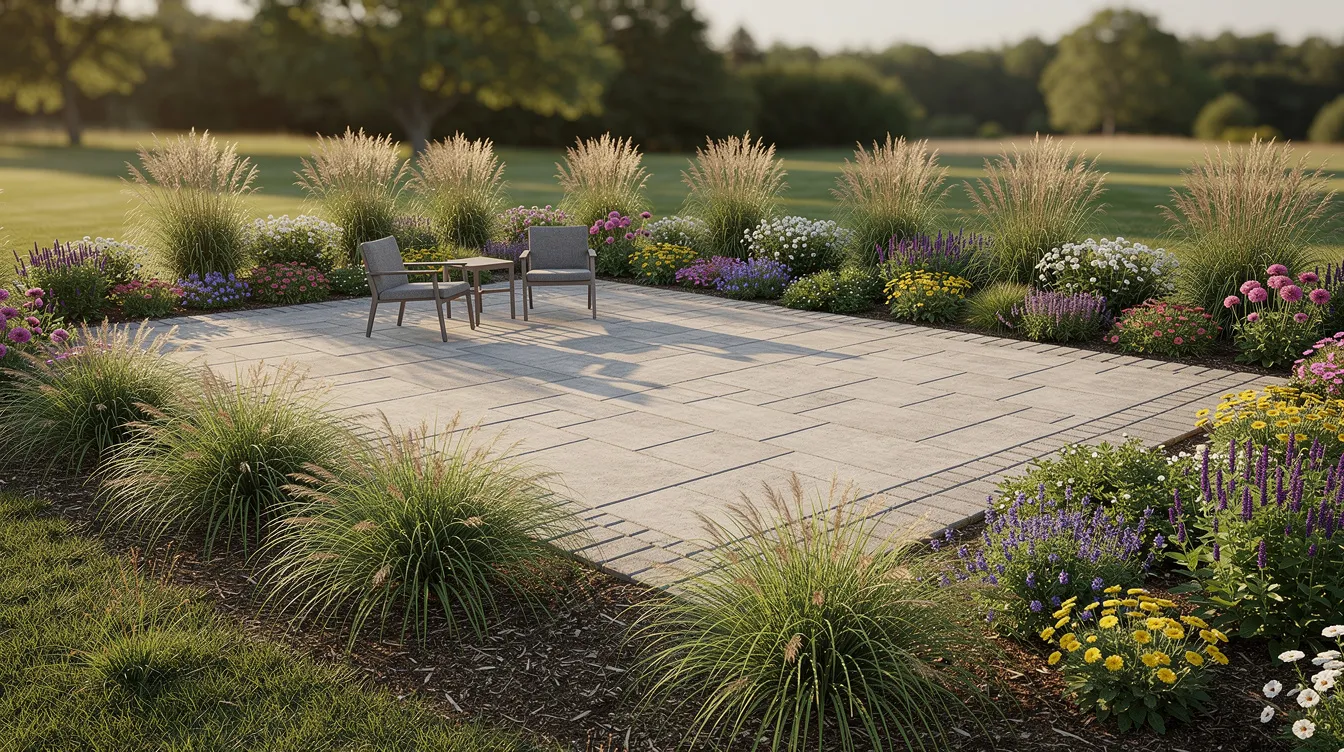 The image showcases a beautifully designed paver patio, surrounded by lush ornamental grasses and vibrant flowering perennials, creating an inviting outdoor space perfect for relaxation. This contemporary landscaping idea highlights the use of colorful flowers and structured borders, enhancing the overall beauty of the backyard.