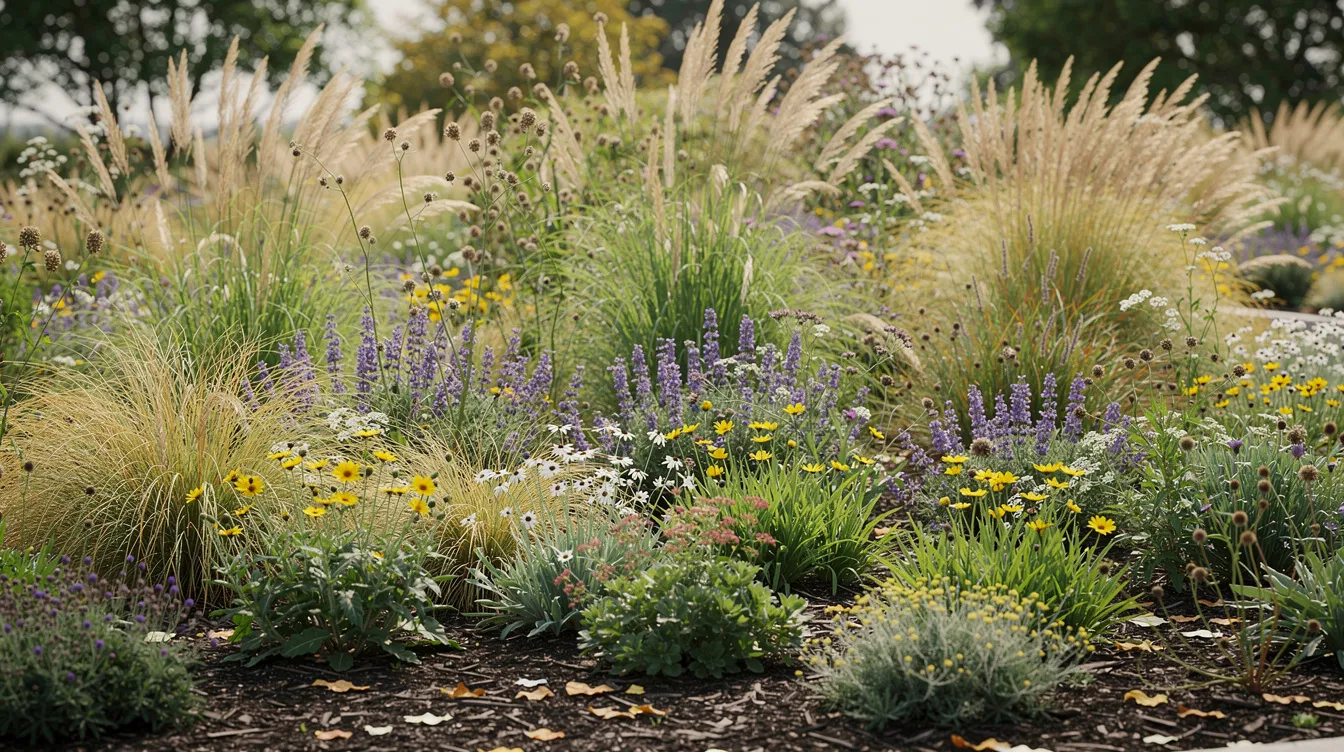 The image showcases a vibrant naturalistic garden bed filled with native wildflowers and ornamental grasses, creating an inviting outdoor space. This colorful display serves as an excellent example of contemporary landscaping ideas, blending beauty and functionality in backyard design.