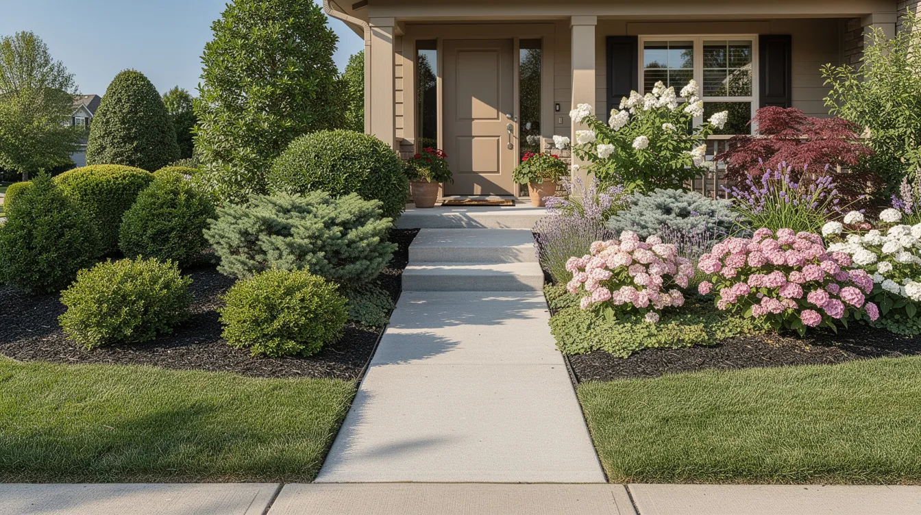 The image showcases a well-maintained front yard featuring a variety of flowering and evergreen shrubs, providing vibrant foliage and seasonal interest near the home entrance. The colorful shrubs, including low maintenance flowering varieties, enhance the curb appeal and create a welcoming atmosphere for the front of the house.