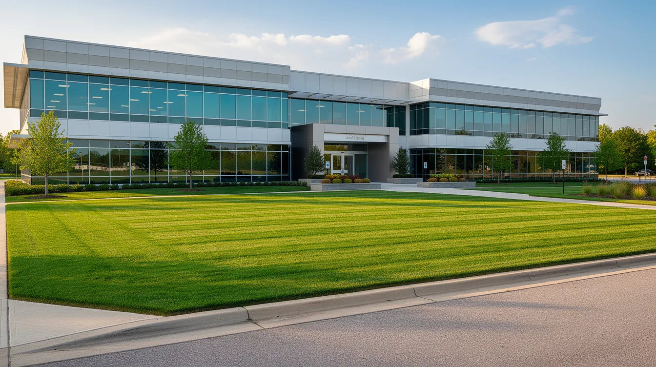 The image shows a wide commercial lawn in front of a modern office building, featuring healthy, green grass with neatly trimmed edges that enhance the property's curb appeal. This well-maintained landscape reflects the importance of professional commercial lawn care services for commercial properties.