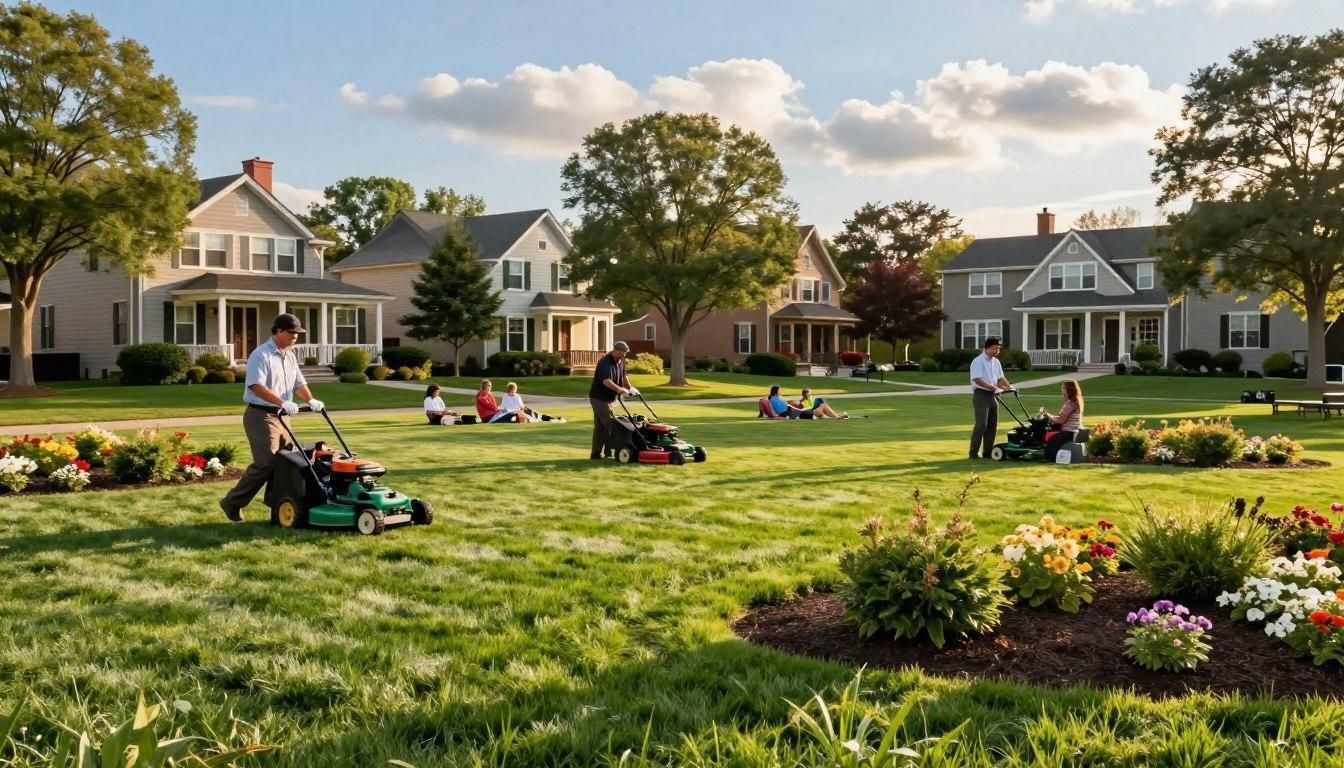 People mowing lawn and relaxing in a sunny neighborhood park, with houses in the background.