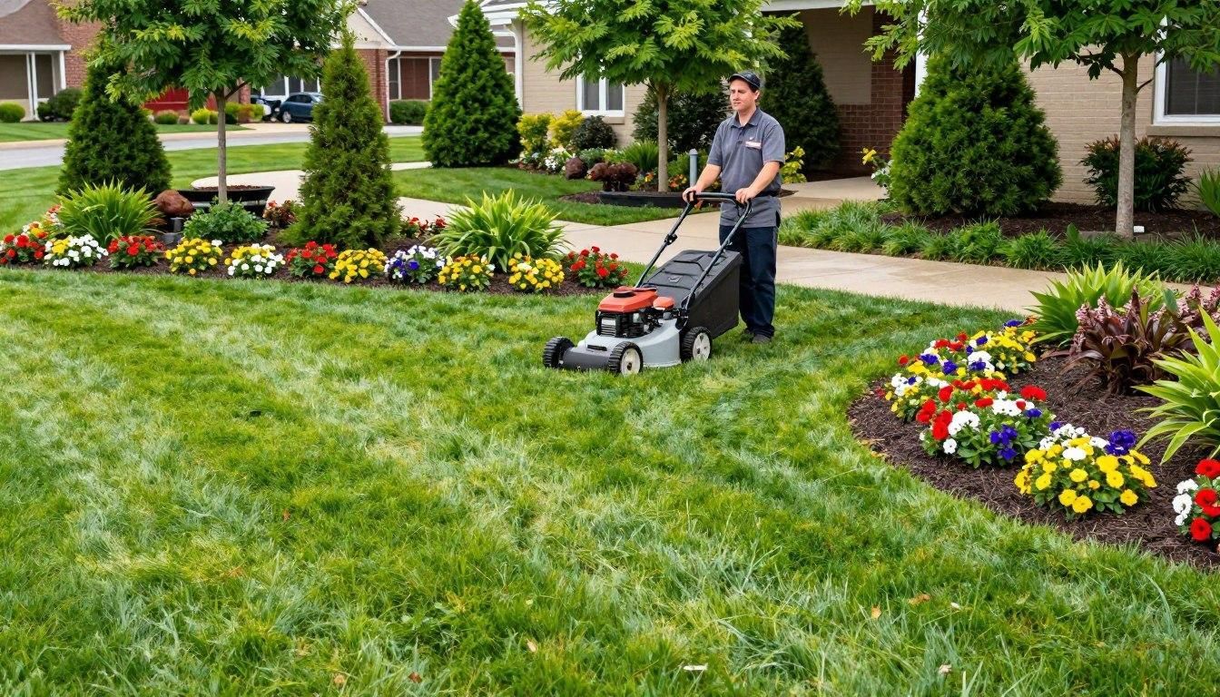 Man mowing a green lawn in front of a house with colorful flower beds.