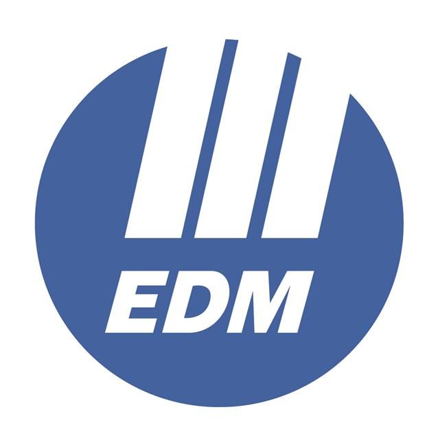 Un cerchio blu con tre linee bianche e la parola edm su di esso