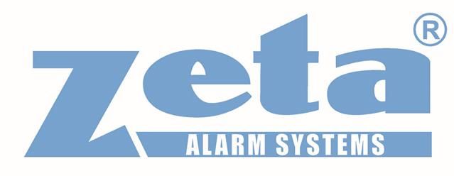 Un logo blu dei sistemi di allarme Zeta su uno sfondo bianco
