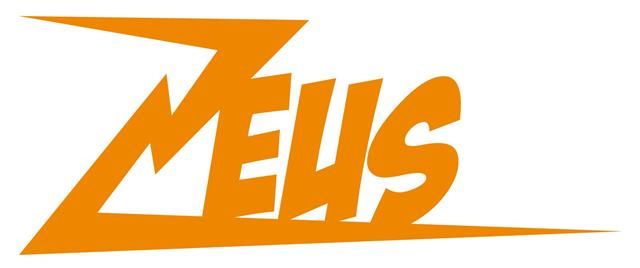 Un logo arancione e bianco per Zeus su uno sfondo bianco