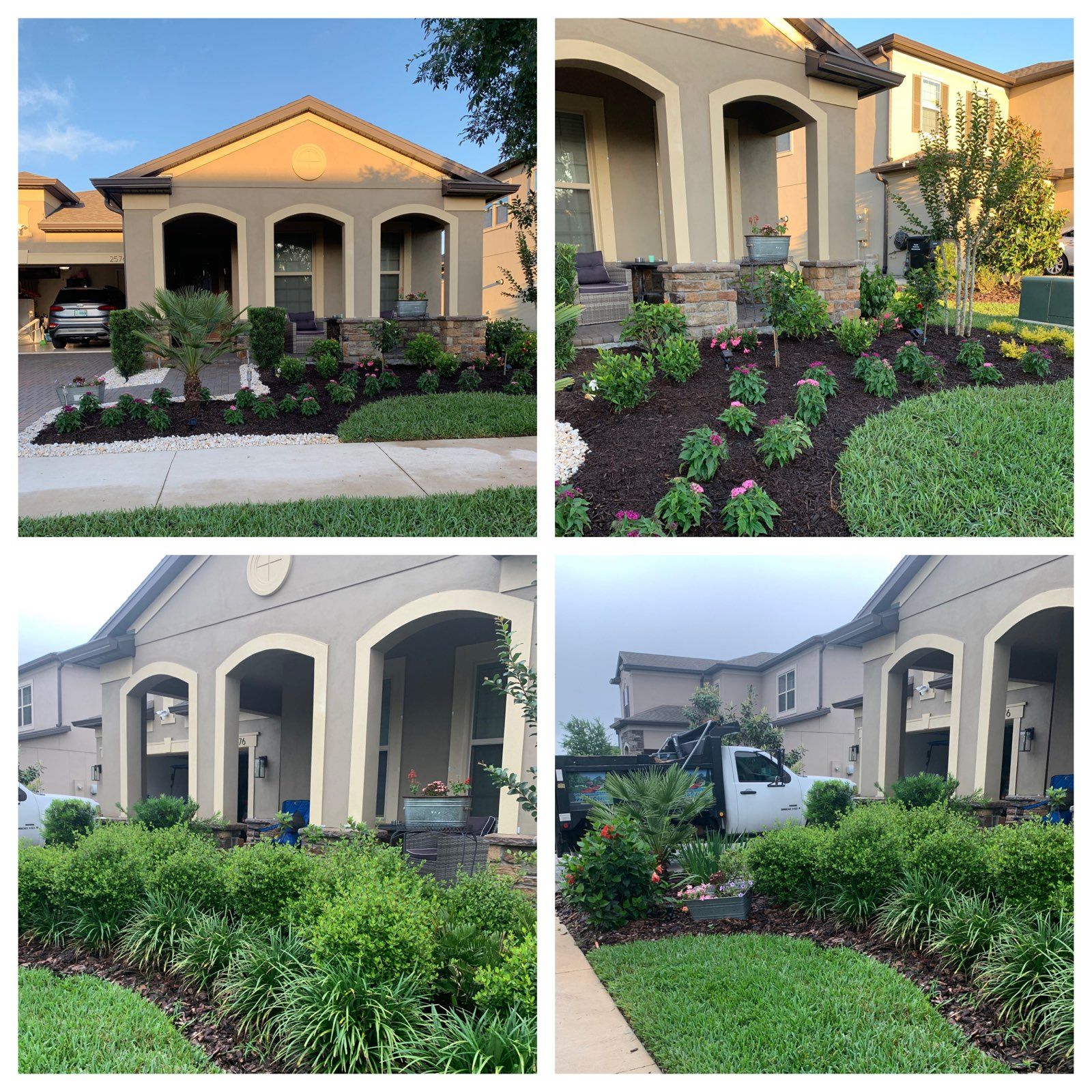 Before and after photos of landscaping showing freshly planted shrubs and mulch in front of a house.