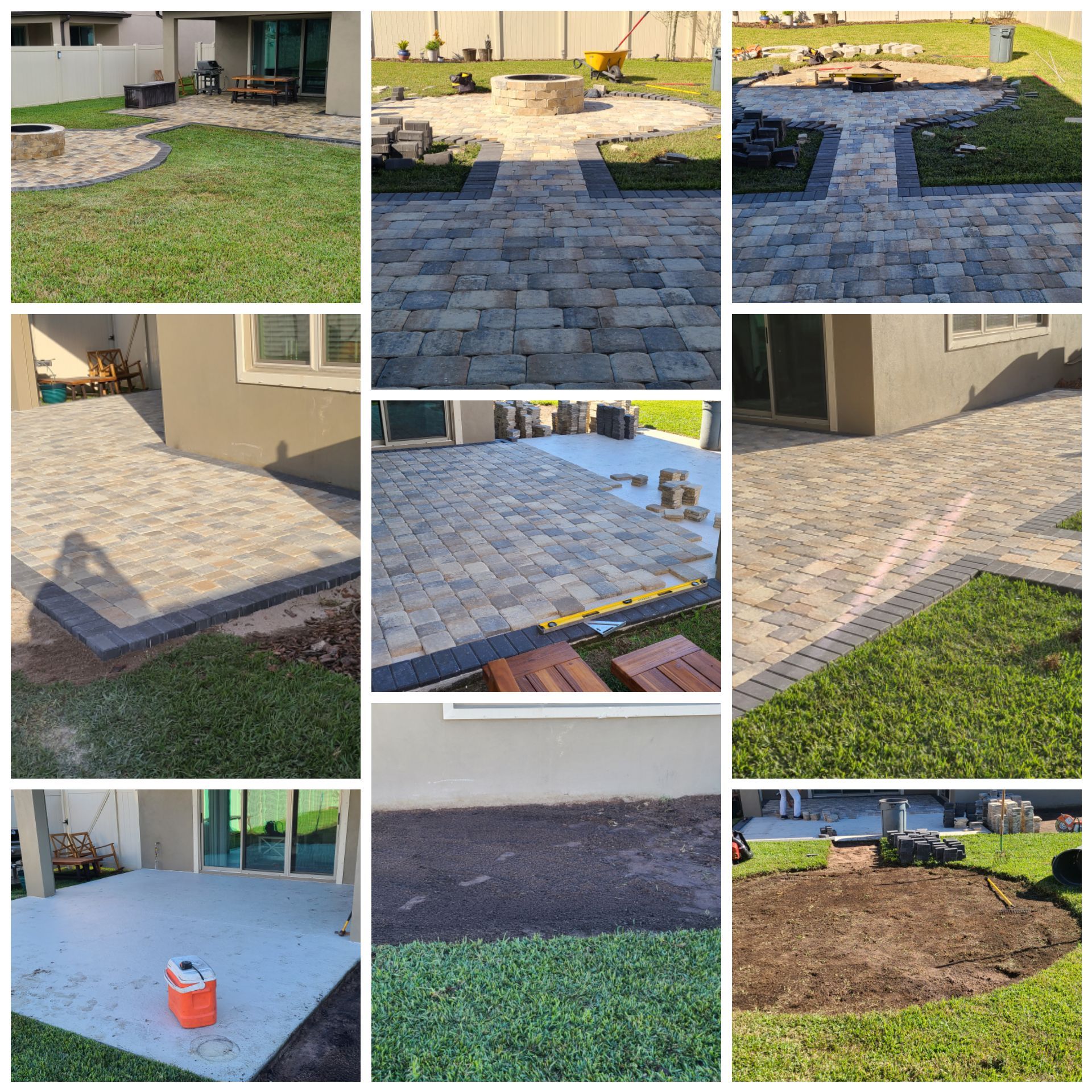 A collage showing stages of a residential backyard renovation, from initial ground preparation to finished paver patio.