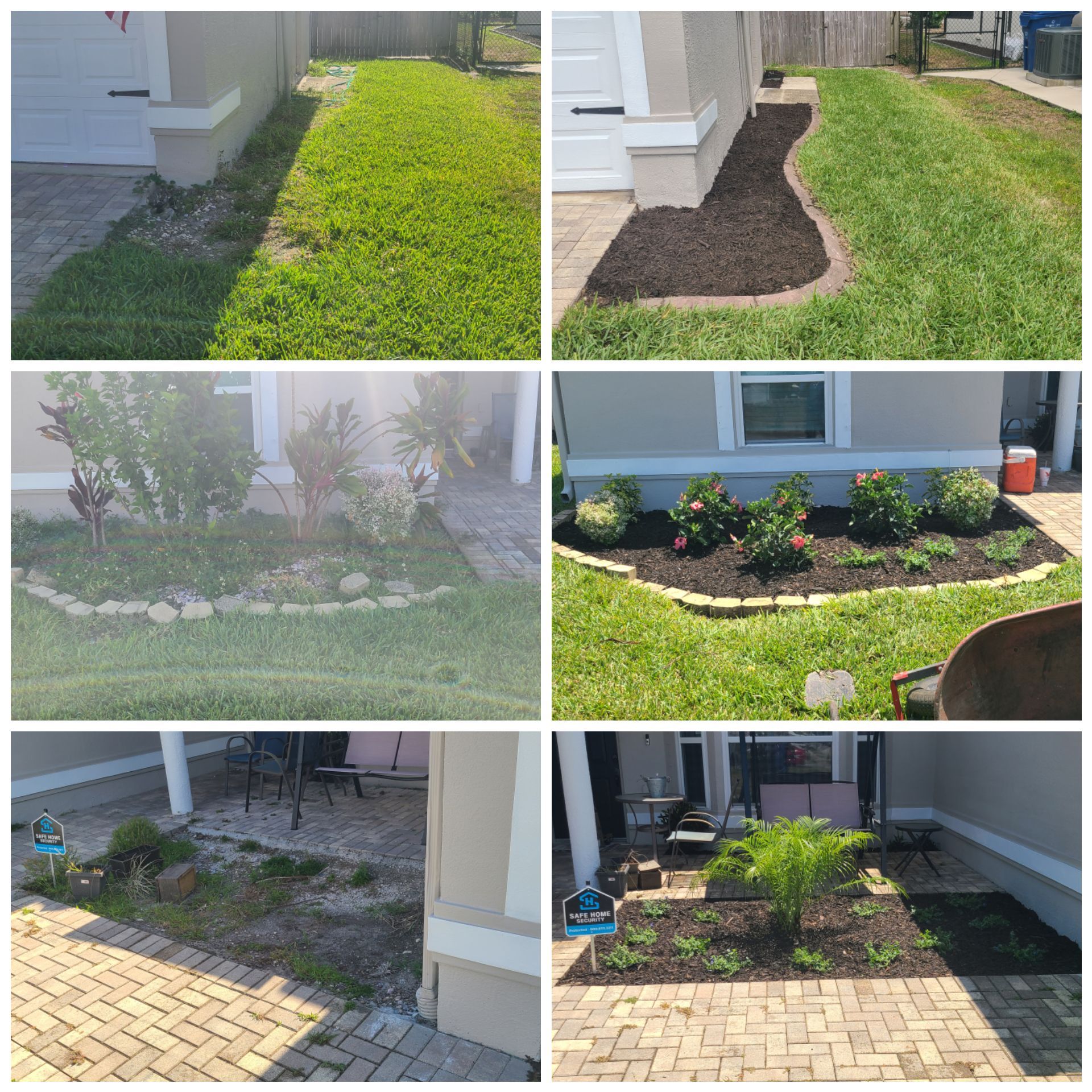 A three-row grid showing before and after photos of residential landscaping, featuring new mulch and trimmed garden beds.