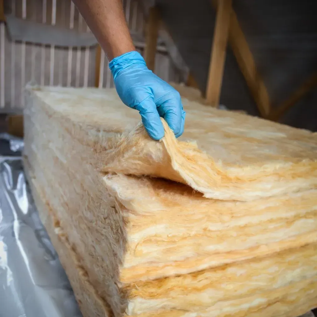 A person wearing blue gloves is holding a piece of insulation.