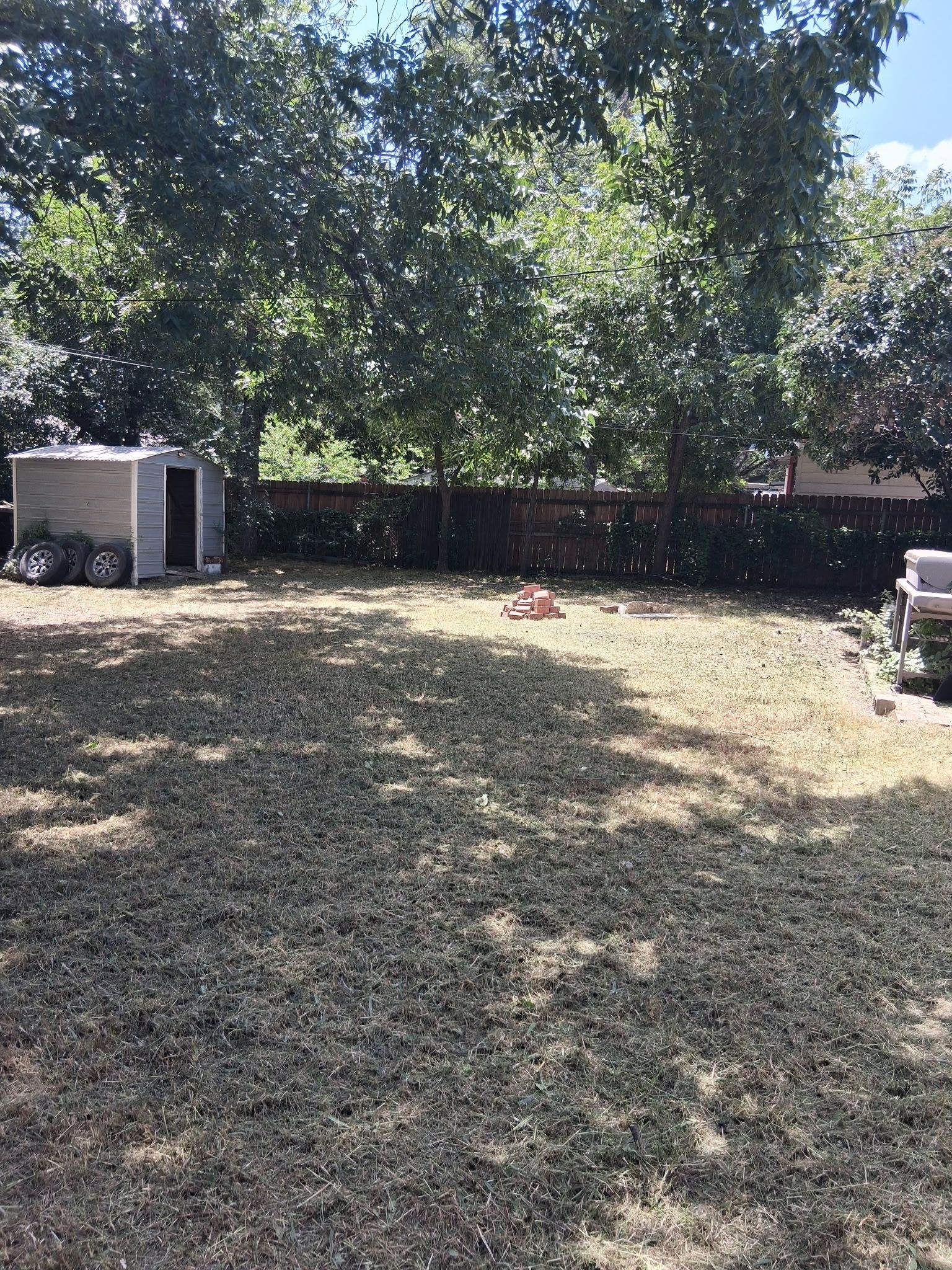 Backyard with dry grass, shed, trees, and brown fence under a sunny sky.