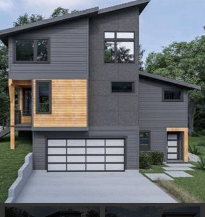 A rendering of a house with a garage door