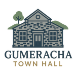 Gumeracha Town Hall logo: stone building, two windows, door, tree, green hills, text 