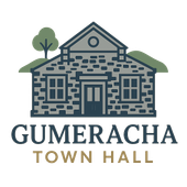 Gumeracha Town Hall logo: stone building, two windows, door, tree, green hills, text