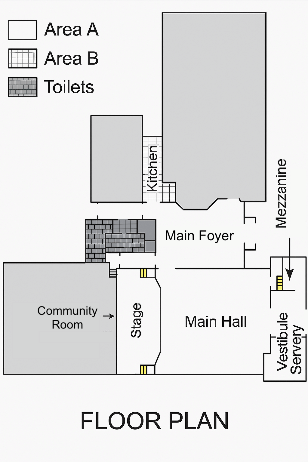 Floor plan of a building, showing areas like a main hall, foyer, kitchen, toilets, and community room.