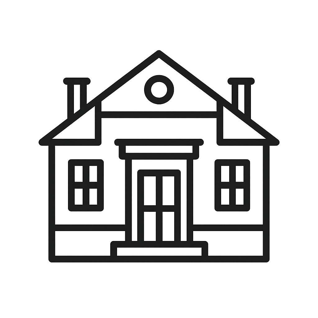 Outline of a house with a gabled roof, chimneys, windows, and a front door.