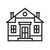 Outline of a house with a gabled roof, chimneys, windows, and a front door.