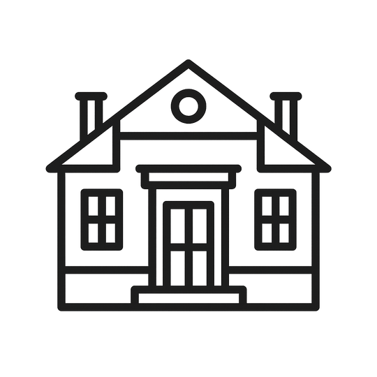 Outline of a house with a gabled roof, chimneys, windows, and a front door.