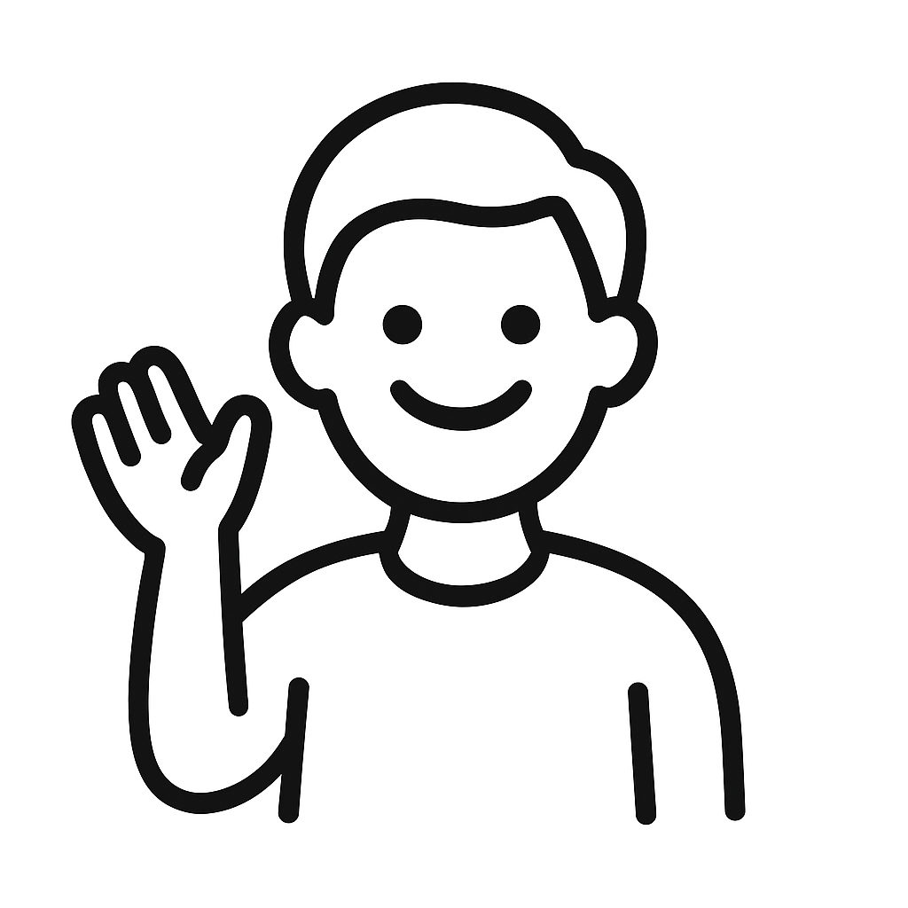 Person waving, smiling. Outlined in black.