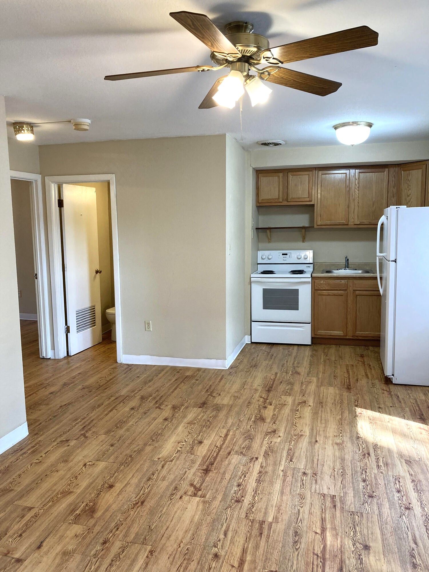 Interior of an apartment with a kitchen, hardwood-style floors, and an open doorway to a bathroom.