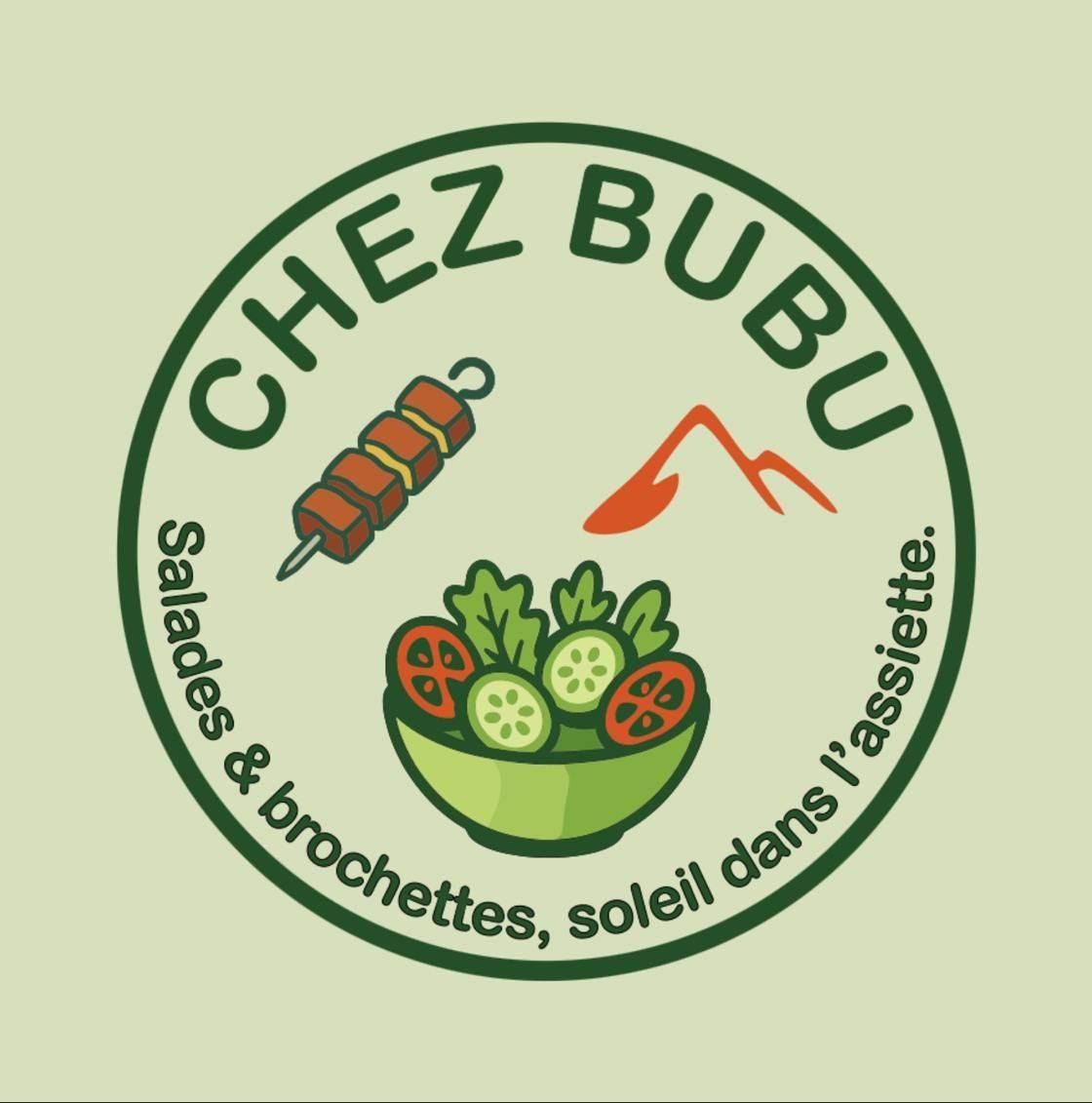 Logo du restaurant Chez Bubu : cercle vert avec du texte, un kebab, une salade et une montagne.