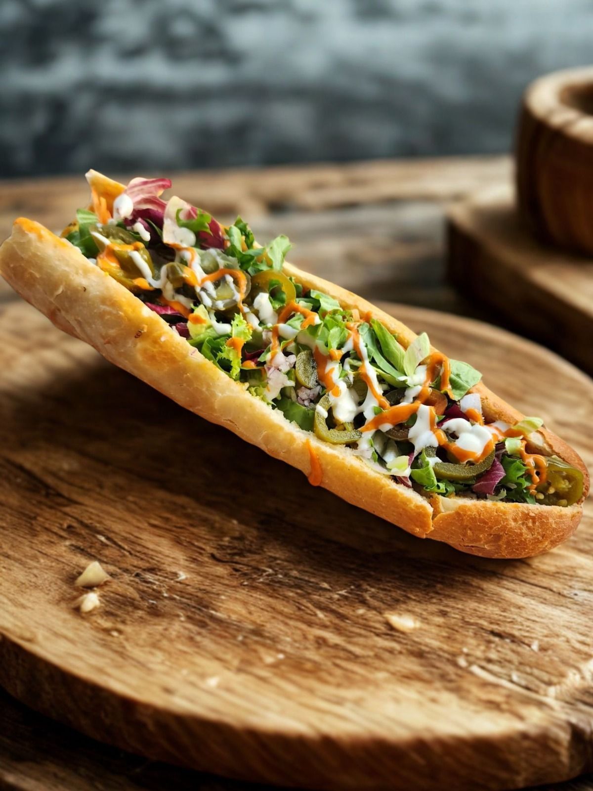 Sandwich sous-marin sur une planche en bois, garni de légumes et arrosé de sauces.