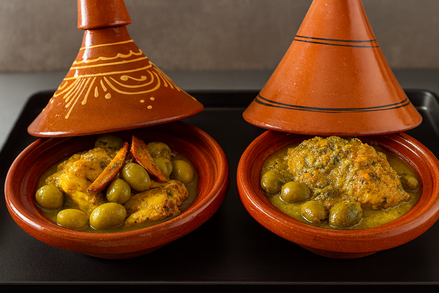 Deux tajines marocains, l'un aux olives et au poulet, l'autre à la sauce verte.