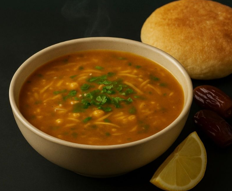 Bol de soupe à l'orange avec du pain, des dattes et du citron sur fond noir.