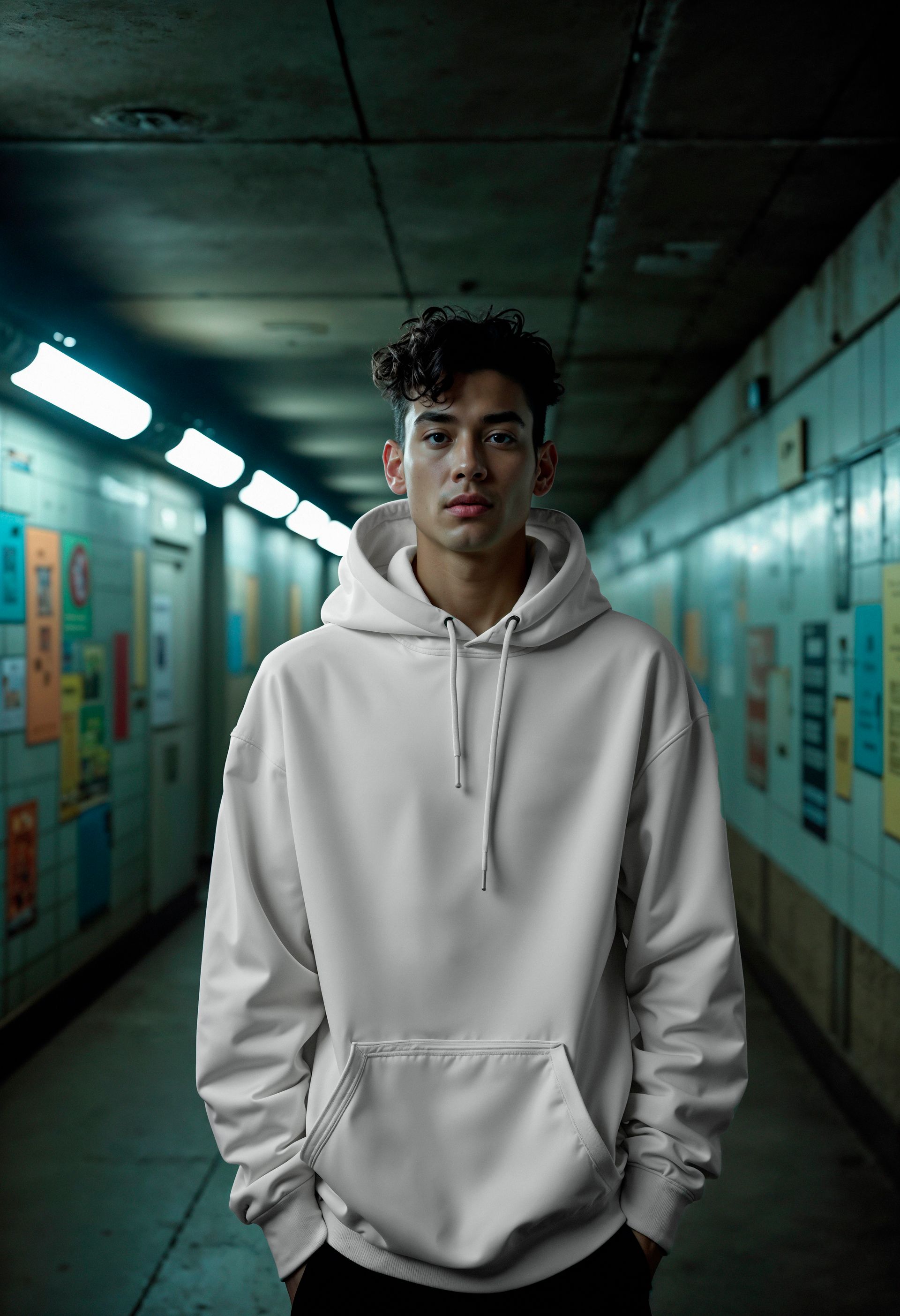 Hombre con sudadera blanca de pie en un túnel oscuro y embaldosado.