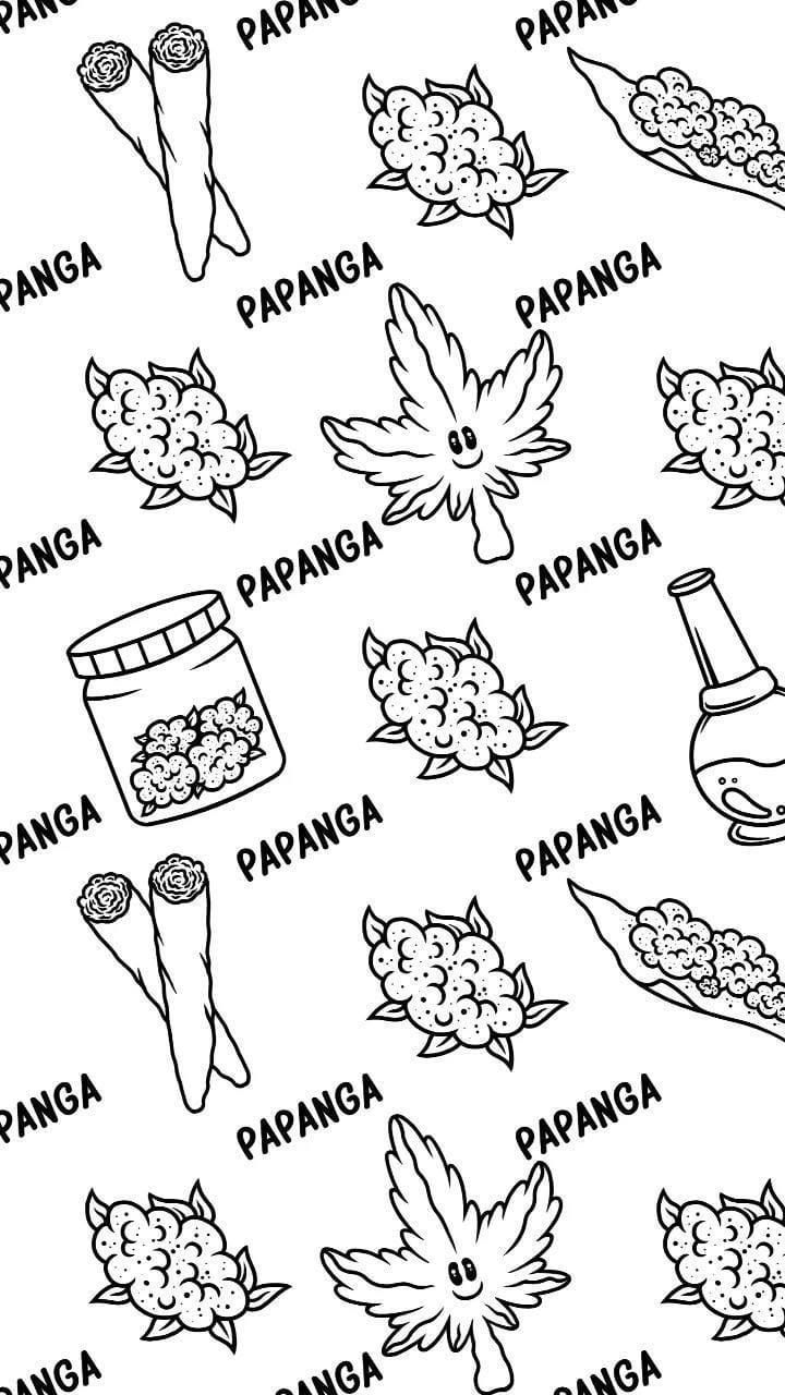 Patrón en blanco y negro de cogollos de cannabis, porros y un bong con texto