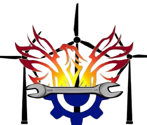 A drawing of a wrench with flames and a windmill in the background