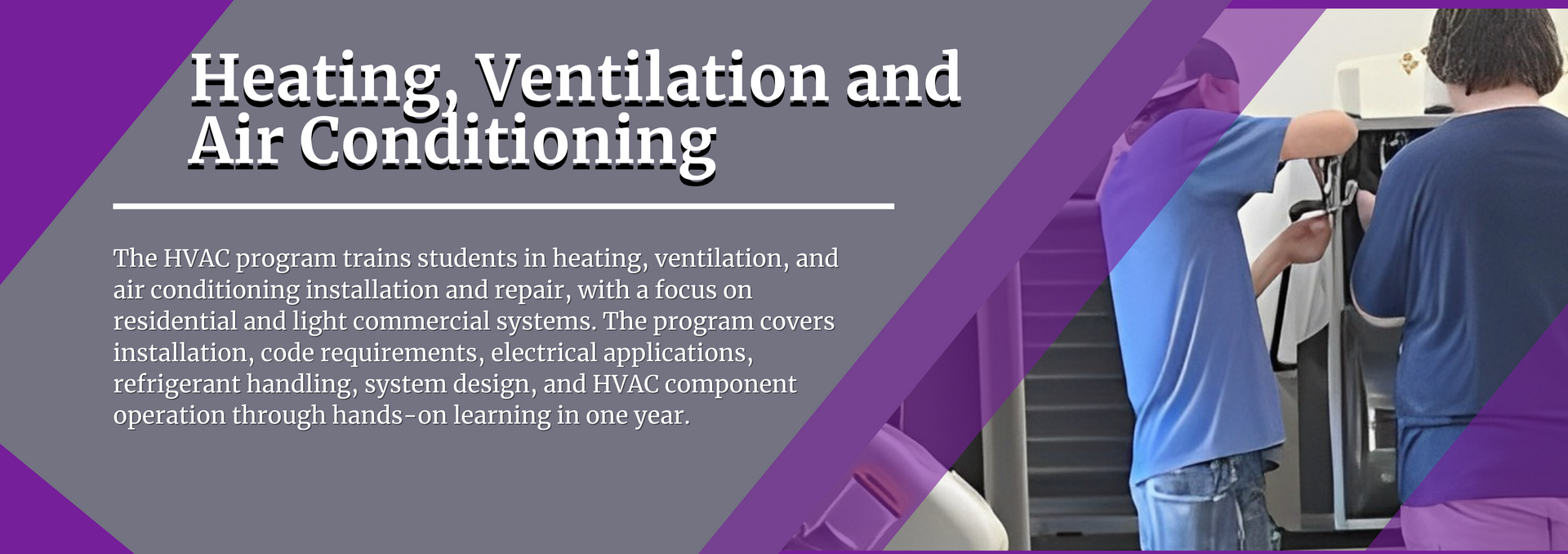 Two men are working on a refrigerator with a purple background that says heating ventilation and air conditioning.