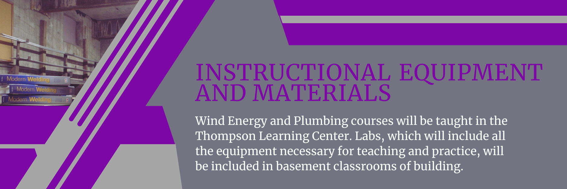 A purple and white banner that says instructional equipment and materials