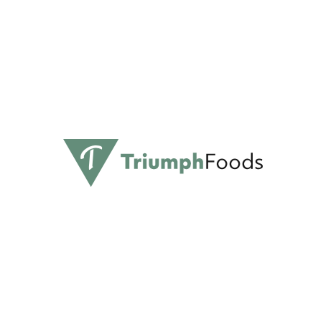 The logo for triumph foods is a green triangle with a letter t on it.