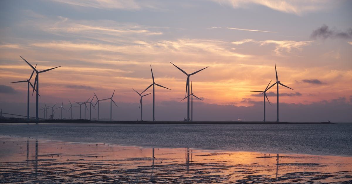 A row of wind turbines sitting on top of a body of water at sunset.