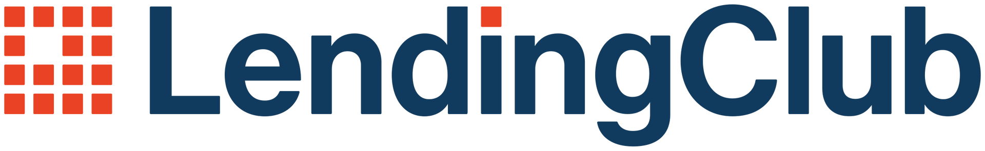 LendingClub logo: Dark blue text with red square pattern on the left.