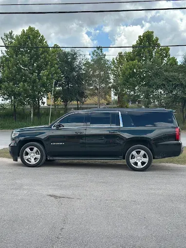 Dark SUV parked on the side of a road, trees in the background, cloudy sky.