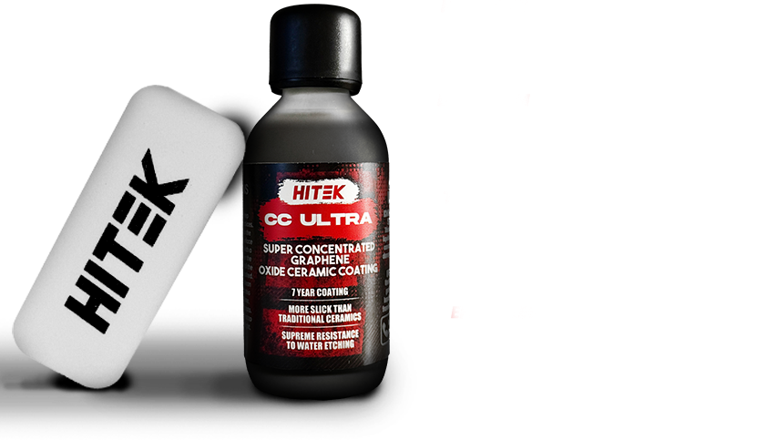 Bottle of HiTek CC Ultra ceramic coating liquid next to a HiTek-branded foam applicator.
