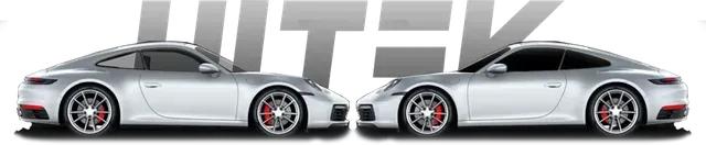 Two silver sports cars side-by-side with text in the background.